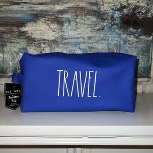 NWT Rae Dunn “TRAVEL”  Blue Toiletry Cosmetic Bag With Zipper & Handle
